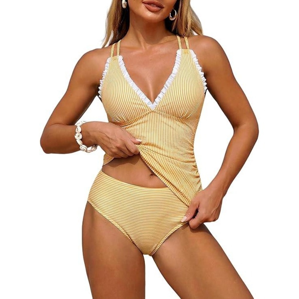 JILLUMI Women Yellow White Striped Modest Ruffle Tankini Swimsuit Set Size M NWT